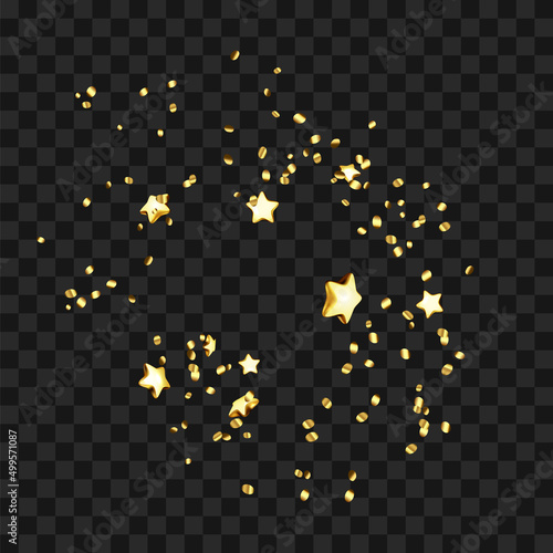 Confetti Falling For Celebrate Holiday Vector. Surprise Party Confetti Falling Decoration, Multicolored Foil In Star Shape And Golden Ribbon Exploding. Template Realistic 3d Illustration