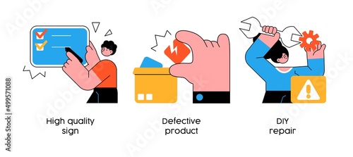 Quality control and product satisfaction research check - set of abstract business concept illustrations. High quality sign, defective product, DIY repair. Visual stories collection.