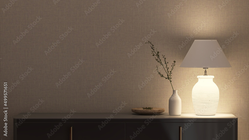 Realistic 3D render close up of a luxury black entryway table with classic cozy lamp light and a decor minimal leaves vase on top. Empty space for products overlay background, Brown fabric wallpaper. - obrazy, fototapety, plakaty 