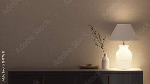 Realistic 3D render close up of a luxury black entryway table with classic cozy lamp light and a decor minimal leaves vase on top. Empty space for products overlay background, Brown fabric wallpaper. photo