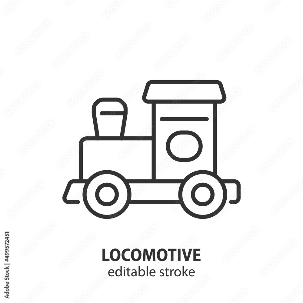 Toy locomotive line icon. Train sign. Editable stroke. Vector illustration. Toy locomotive line icon. Train sign. Editable stroke. Vector illustration.