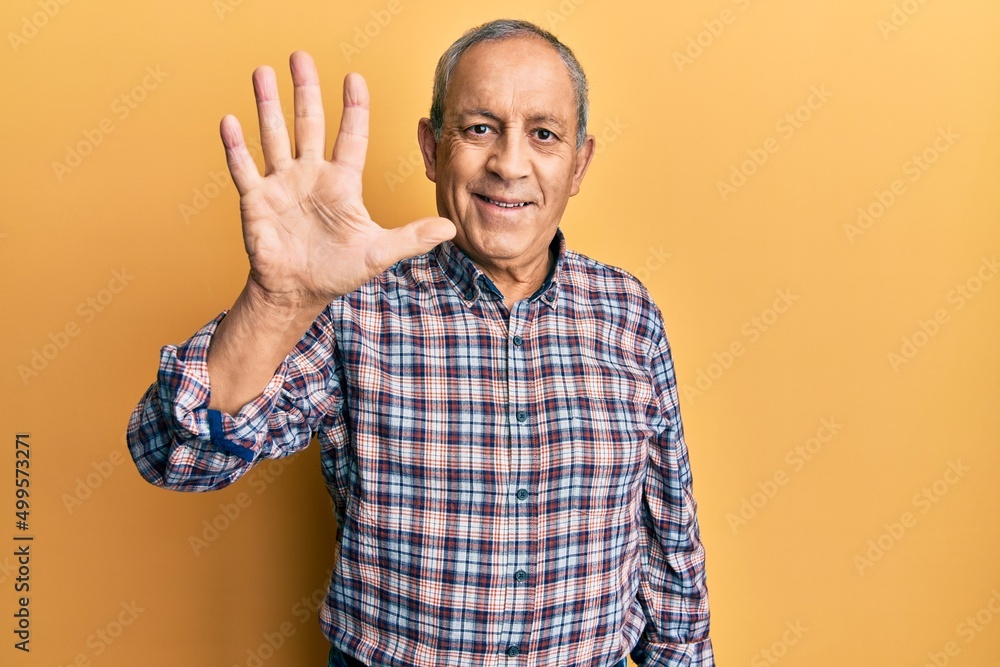 Handsome senior man with grey hair wearing casual shirt showing and pointing up with fingers number five while smiling confident and happy. Handsome senior man with grey hair wearing casual shirt showing and pointing up with fingers number five while smiling confident and happy.