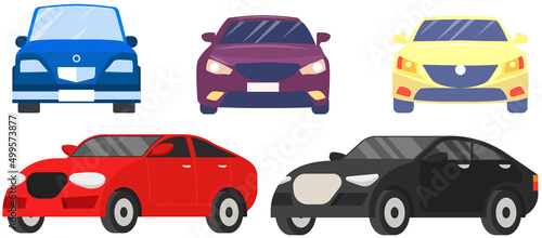 Big automobile set, car sedan. Urban transport. Colorful passenger cars, wheeled vehicle side view. Machines collection with sedan minivan coupe cabriolet crossover cars isolated, automobiles models