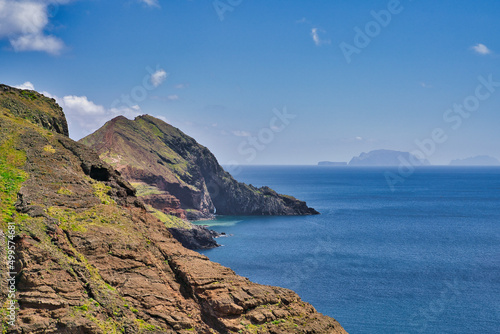 Ponta de Sao Lourenco  Madeira Portugal. Beautiful scenic mountain view of green landscape cliffs and Atlantic Ocean.