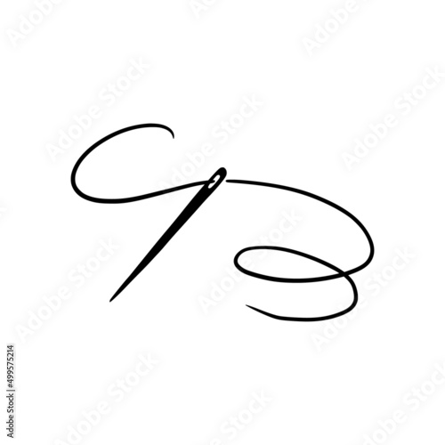 Tailor needle with thread. Hand drawn doodle sketch style sewing needle element. Craft, embroidery tool for textile, sewing shop design. Vector illustration.