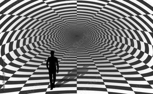 Tunnel and man. Vector illustration of a tunnel with the outline of a person getting out. Sketch for creativity.