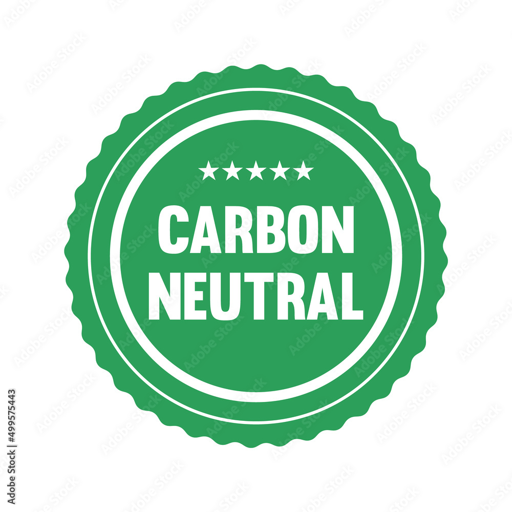 Green carbon neutral stamp or logo. CO2 neutral certified round emblem. Zero emission concept. Carbon neutral product label. Zero carbon footprint industry sign. Vector illustration, flat, clip art. 