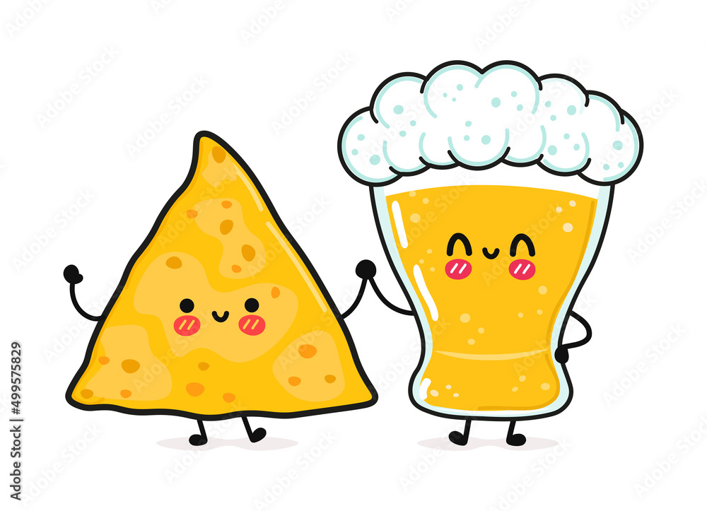 Cute, happy funny glass of beer and nachos. Vector hand drawn cartoon  kawaii characters, illustration icon. Funny cartoon glass of beer and  nachos mascot friends concept Stock Vector | Adobe Stock