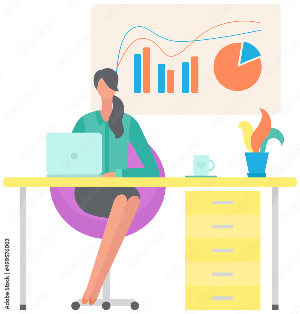 Woman looking at statistics diagram. Businesswoman analysing report with statistical indicators. Girl examines results of analysis. Personal investment, finance, funding, capital accumulation concept Woman looking at statistics diagram. Businesswoman analysing report with statistical indicators. Girl examines results of analysis. Personal investment, finance, funding, capital accumulation concept