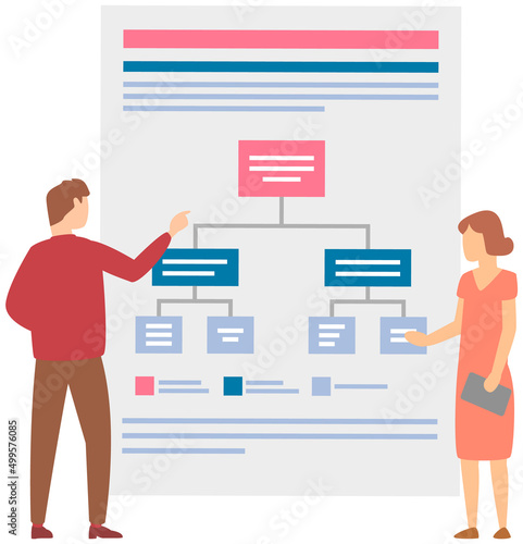 Business people planning task. Time management, goals scheduling, reminder and timetable. Save time and money concept. Men work to create to-do list. Colleagues discuss schema layout, weekly plan