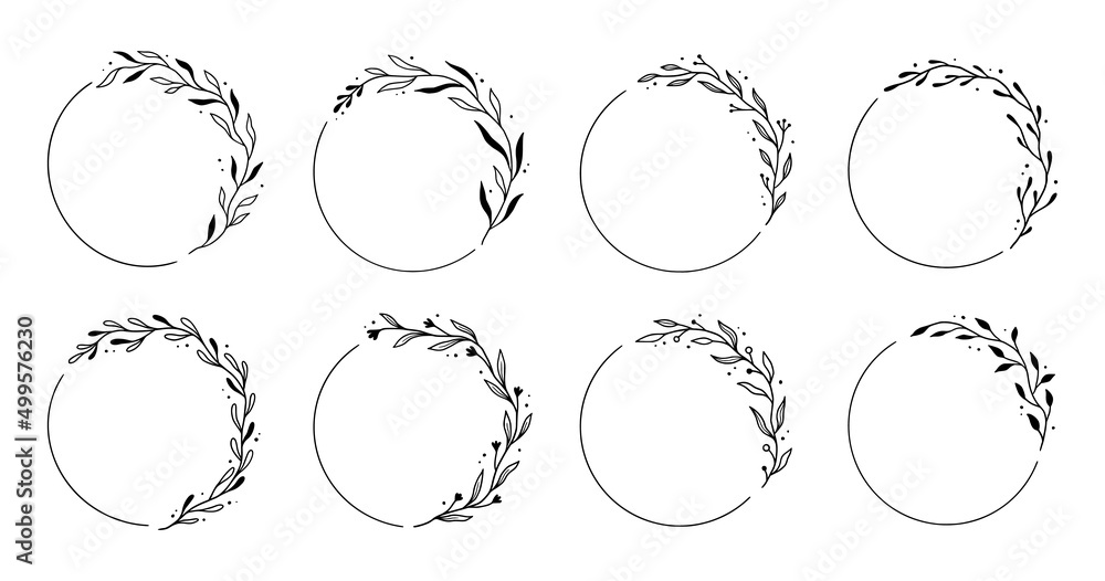 Wreath leaf circle border frame. Hand drawn doodle sketch style. Floral circle frame, flourish design element for wedding, greeting card. Vector illustration.