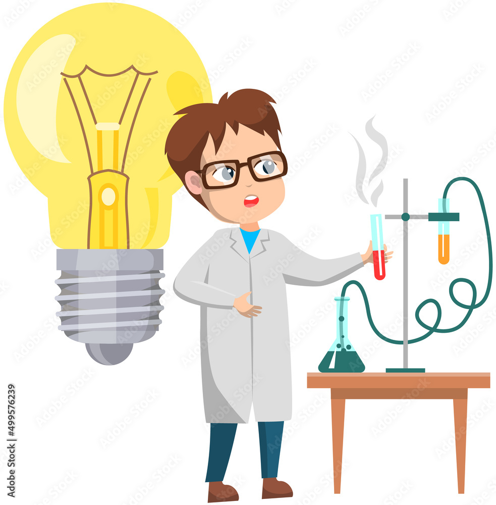 Scientist conducting research near light bulb. Chemical or medical experiment. Man works with substances in test tubes. Coupling reagents for chemical reaction. Laboratory research with flasks Scientist conducting research near light bulb. Chemical or medical experiment. Man works with substances in test tubes. Coupling reagents for chemical reaction. Laboratory research with flasks