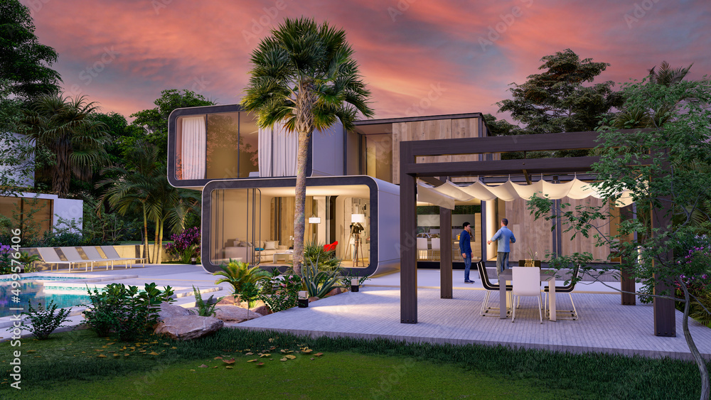 Stylish contemporary house at sunset