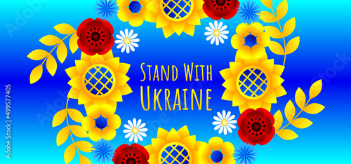 Vector horizontal anti-war poster about the problem in Ukraine. Stand with Ukraine. Ukrainian national wreath with flowers.