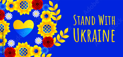 Vector horizontal anti-war poster about the problem in Ukraine. Stand with Ukraine. Ukrainian national wreath with flowers. Flag of Ukraine in the shape of a heart.