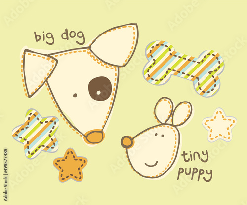 cute big dog and little tiny puppy  cartoon vector illustration for kids t shirt apparel print, poster, greeting card invitation, badges, stickers, book covers, pajamas and mugs