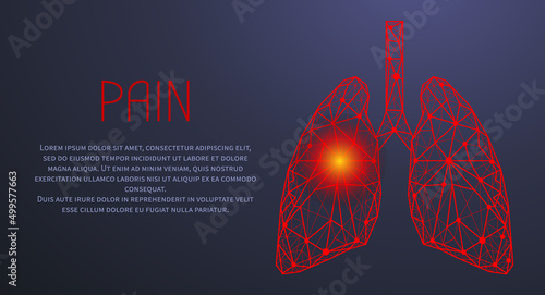 Human lungs surgery operation low poly. Medicine, disease, drug treatment, painful area. Polygonal human lungs with area of pain. Organ of human respiratory system. Bronchitis, pneumonia diagnostics