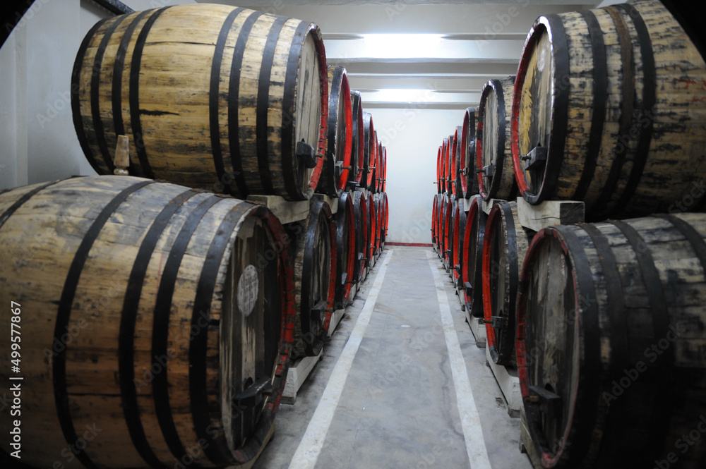wine cellar. wooden barrels for storing wine. photo inside.