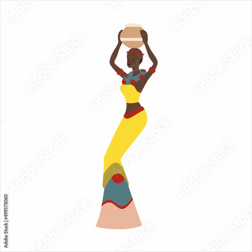 A slender African-American lady. The girl carries a clay pot on her head. The woman is beautiful and young. Vector illustration.