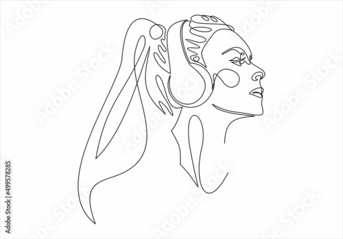 continuous single drawn one line. girl woman listens to music with headphones