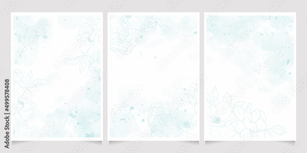 blue watercolor wash splash line art peony flower bouquet frame 5x7 invitation card background template collection