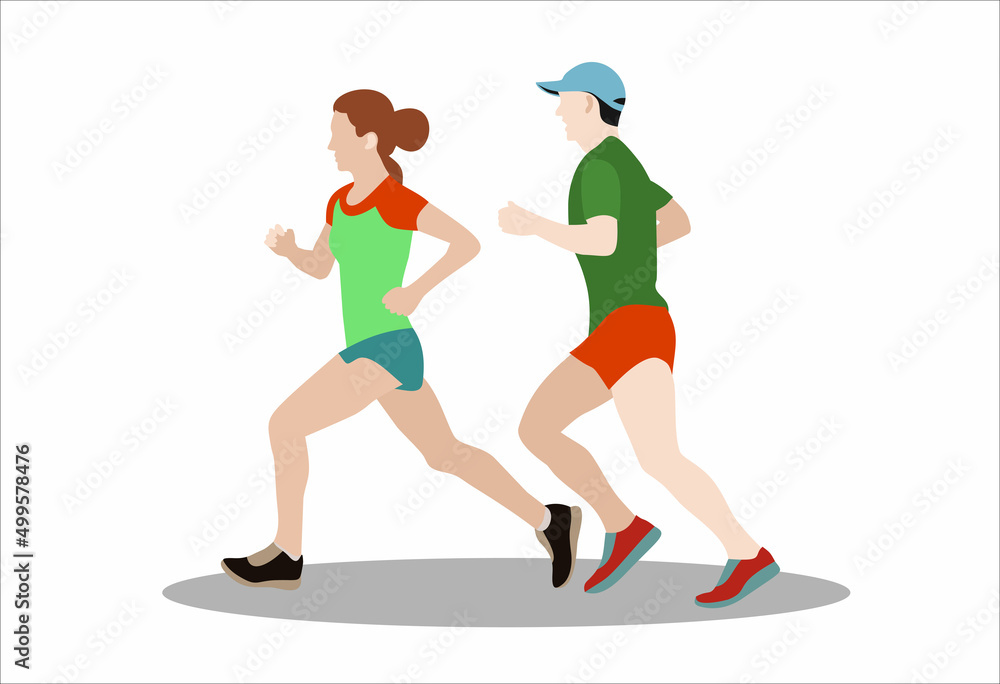 Obraz premium Running man and woman on a white background. Sport and fitness template design with runners in flat style. Vector illustration
