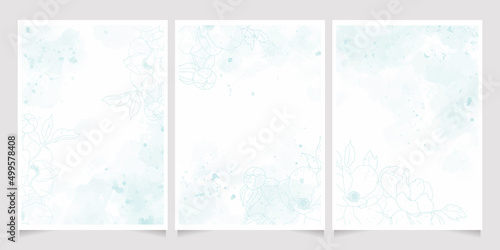 blue watercolor wash splash line art peony flower bouquet frame 5x7 invitation card background template collection