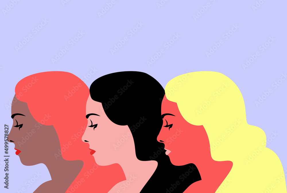Three women. Abstract female portraits, side view. Vector illustration