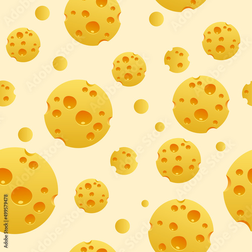Seamless yellow pattern with round pieces of cheese with holes. Vector stock image.