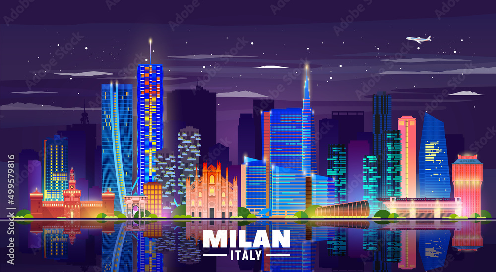 Fototapeta premium Milan Italy skyline with panorama in night background. Vector Illustration. Business travel and tourism concept with modern buildings. Image for banner or web site.