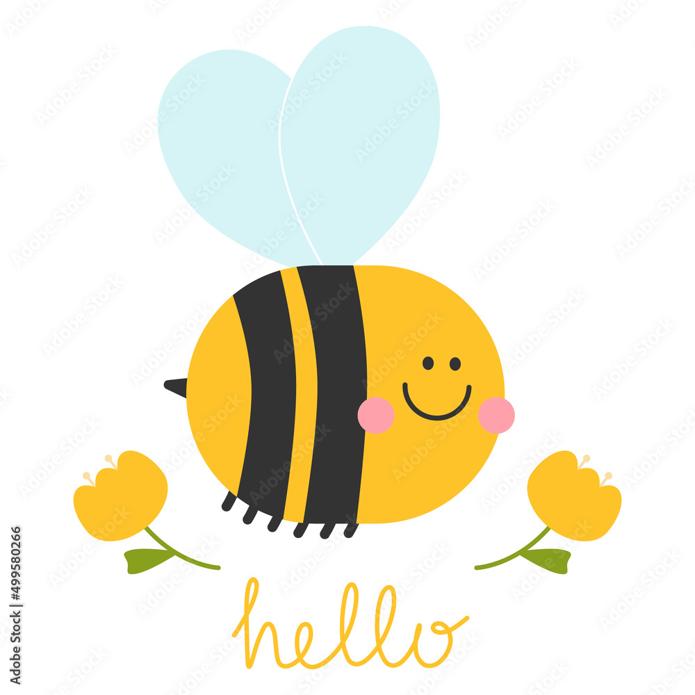 Smiling bee cute character. Bumblebee bug with wings. Yellow and black striped vector logo for honey locar farm. Childish kind icon for nursery cards, posters, printing on paper, fabric and clothes.