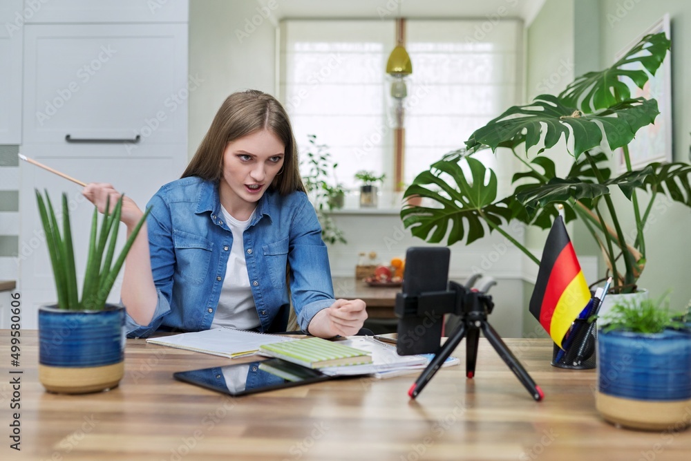 Remote distance learning, online lesson of female student using smartphone Remote distance learning, online lesson of female student using smartphone