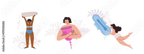 Women and personal intimate hygiene items. Giant sanitary tampon, pad and silicone reusable menstrual cup. Concept of women's health and hygiene. Vector isolated illustration.