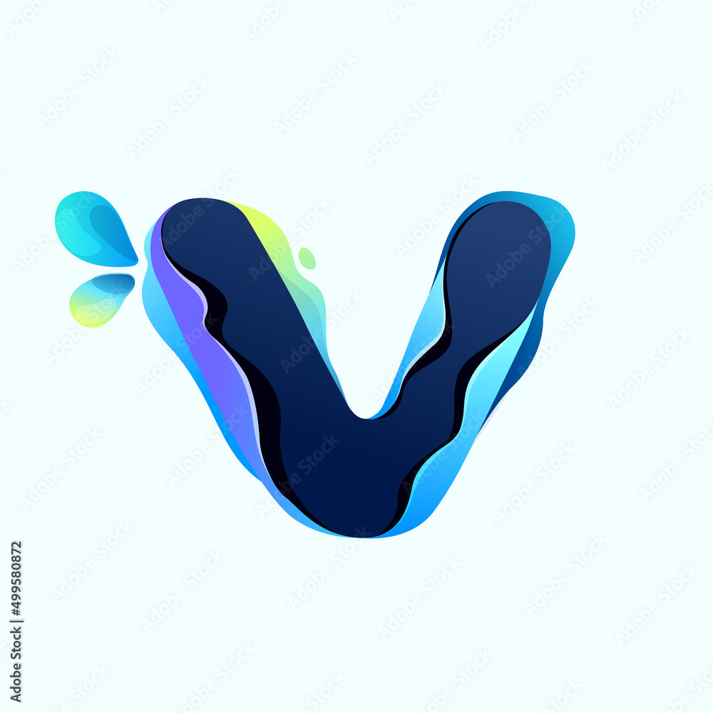 V letter eco logo with blue dew drops in hologram glitch style. Environment friendly icon. V letter eco logo with blue dew drops in hologram glitch style. Environment friendly icon.