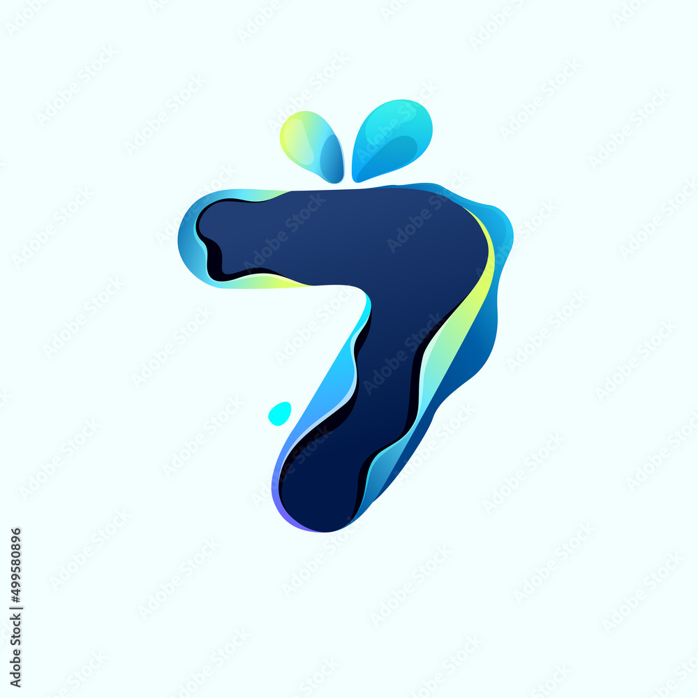 Number seven logo with blue dew drops in hologram glitch style. Environment friendly icon. Number seven logo with blue dew drops in hologram glitch style. Environment friendly icon.