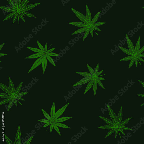 Seamless vector pattern with green cannabis leaves. Marijuana background.
