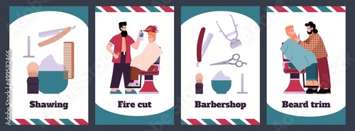 Set of vertical banners about barbershop flat style, vector illustration