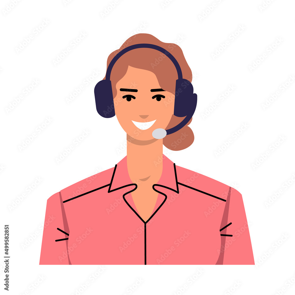 Icon of young woman in headphones isolated on white background. Avatar operator in a flat style. Portrait of a girl with brown hair and in pink clothes. Online support assistant. Call center. Vector.