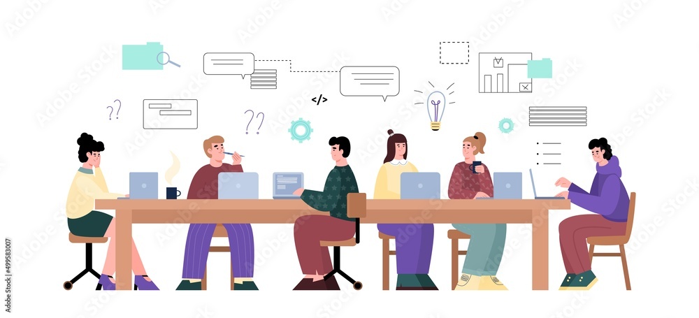 Young people work at a computer in the office, freelance, participate in a hackathon, vector flat illustration on white background