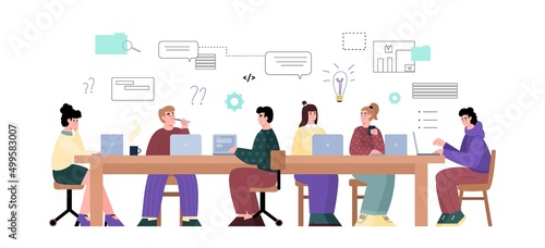 Young people work at a computer in the office, freelance, participate in a hackathon, vector flat illustration on white background