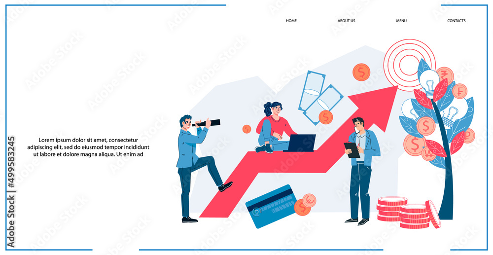 Business concept of stock trading, investments and income growth. ROI, investment profit increasing and analytics, earnings forecast. Website page or presentation slide interface, vector illustration.