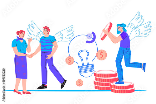 Angel investor concept of investment in startup and innovative business project, flat vector illustration. Financing and investment fund, crowdfunding.