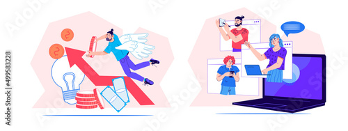 Business concepts set on topic of investments and corporate online communication. Angel investor and online conference banners, flat vector illustration. Financing and crowdfunding.