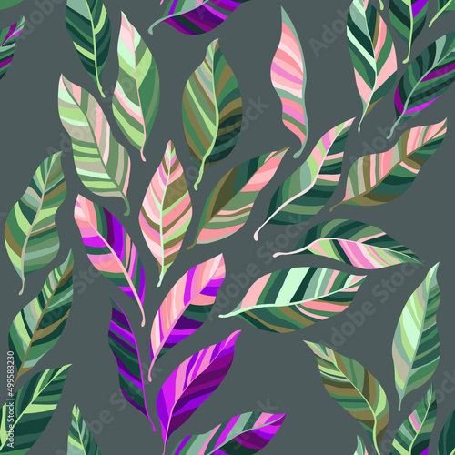 Pink green leaves vector wallpaper, tropical exotic foliage seamless pattern. Many green rosy leaves with striped texture isolated on gray background. Palm or eucalyptus foliage natural illustration.
