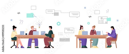 Young people participate in hackathon, brainstorming, workshop, vector flat illustration on white background.