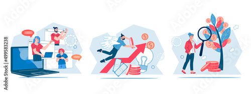Business set on theme of investment, increase in income and business cooperation on the Internet, flat vector illustration isolated on white background. Financing, profit increase and crowdfunding.