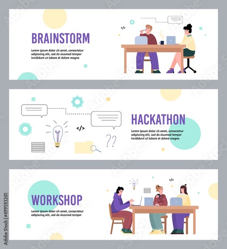Set of posters for hackathon, workshop, brainstorming, vector flat illustration on white background.