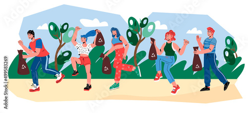 Plogging volunteer campaign for a healthy and eco-friendly lifestyle. People run and collect garbage, clean the public environment from garbage and plastic, vector illustration isolated on white.