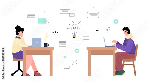 People participate in hackathon, brainstorming, workshop, vector flat illustration on white background.