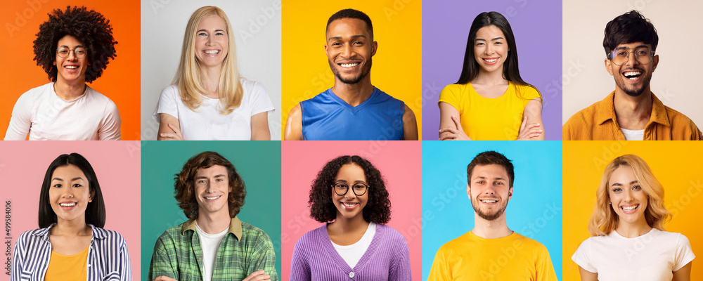 Collection of happy multiracial young people portraits on studio backgrounds Collection of happy multiracial young people portraits on studio backgrounds
